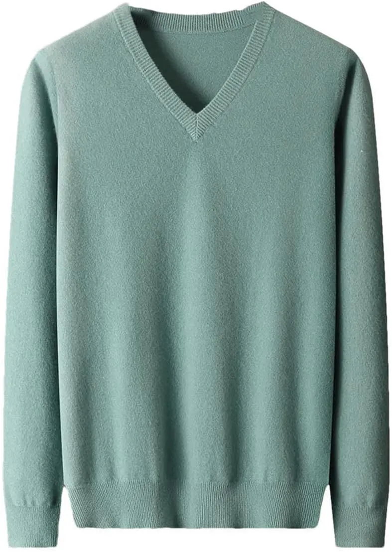 Vsadsau Men's Autumn and Winter Merino Wool Sweater V-Neck Knitted Casual Loose Pullover
