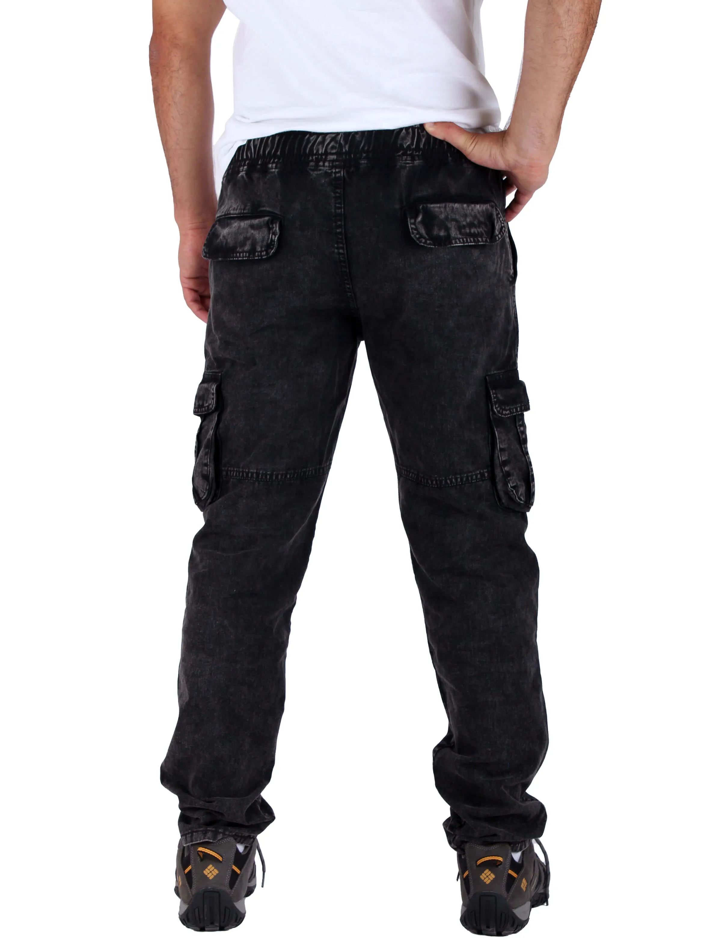 Washed Cargo Pants With Elastic Waist Unisex  - Black