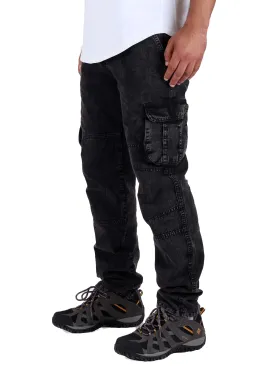 Washed Cargo Pants With Elastic Waist Unisex  - Black