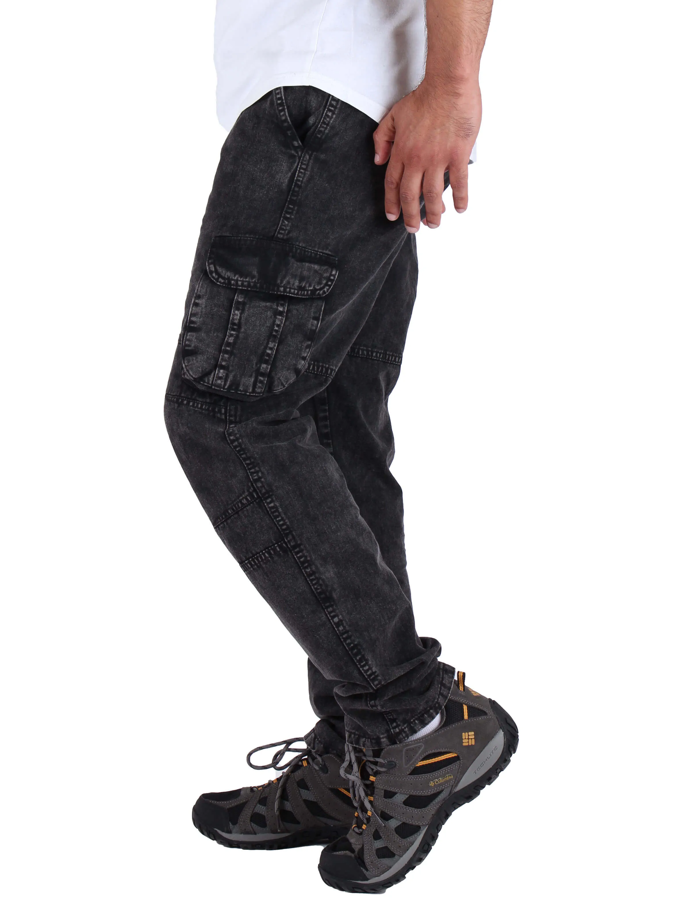 Washed Cargo Pants With Elastic Waist Unisex  - Black
