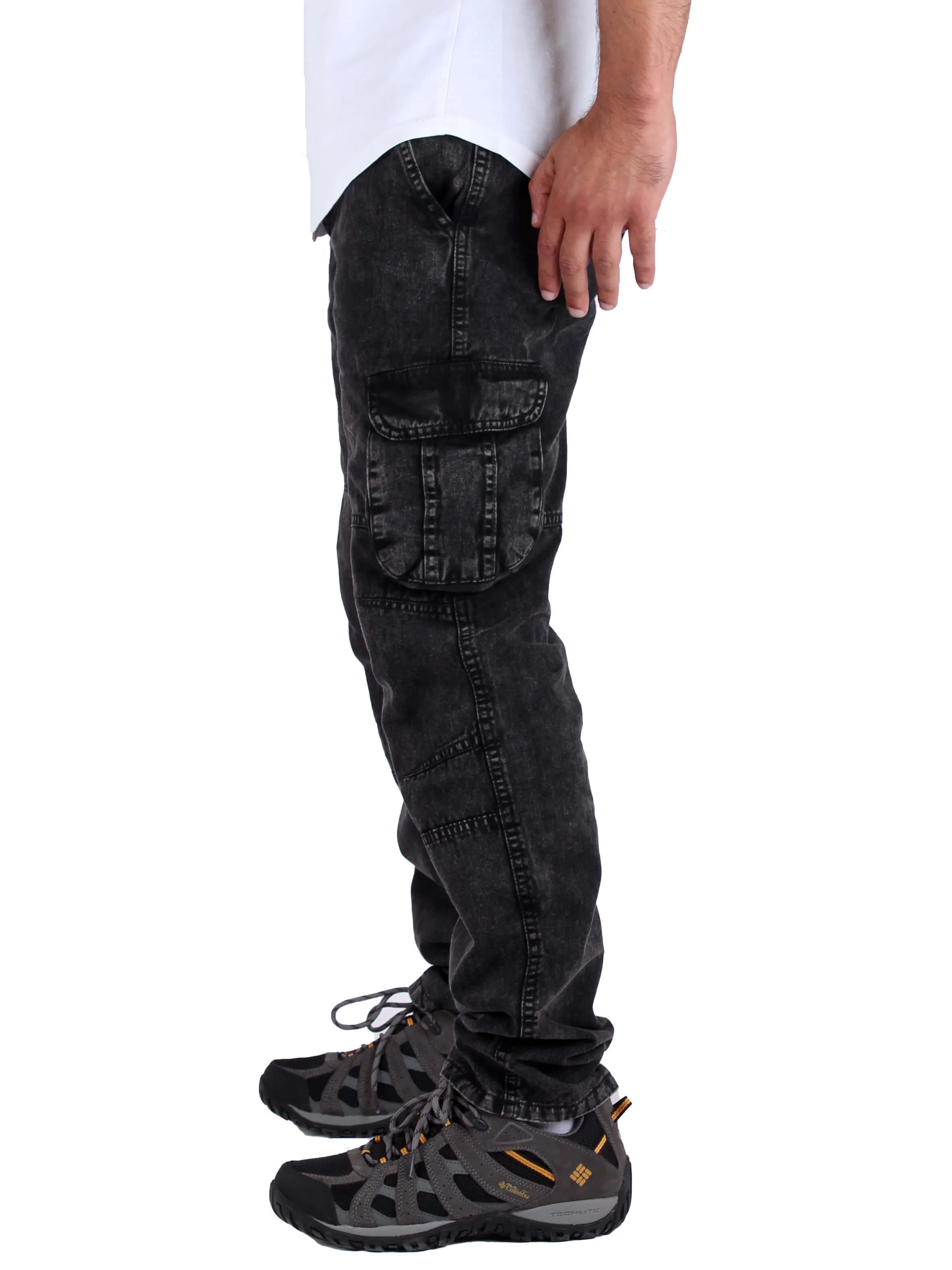 Washed Cargo Pants With Elastic Waist Unisex  - Black