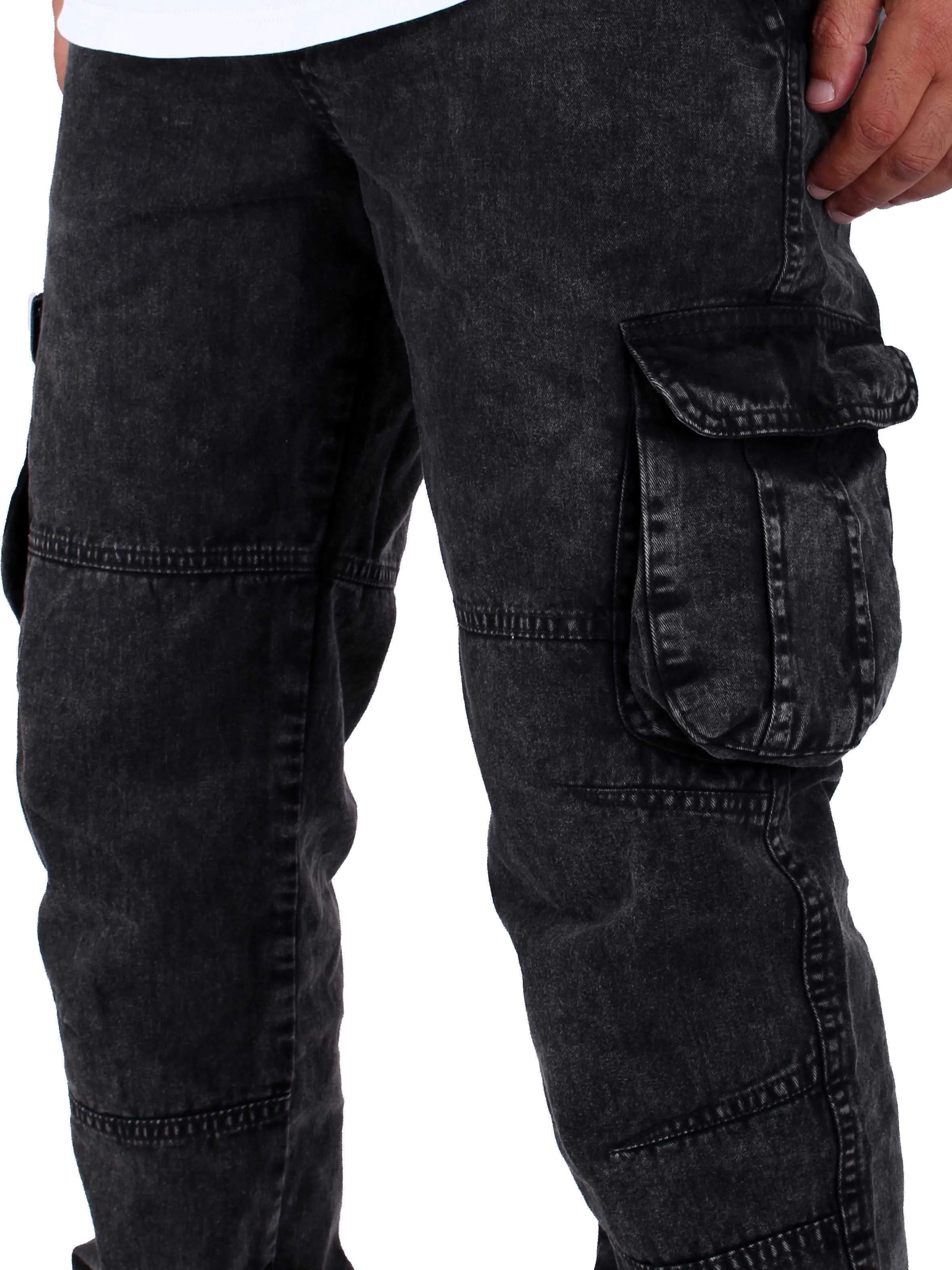 Washed Cargo Pants With Elastic Waist Unisex  - Black