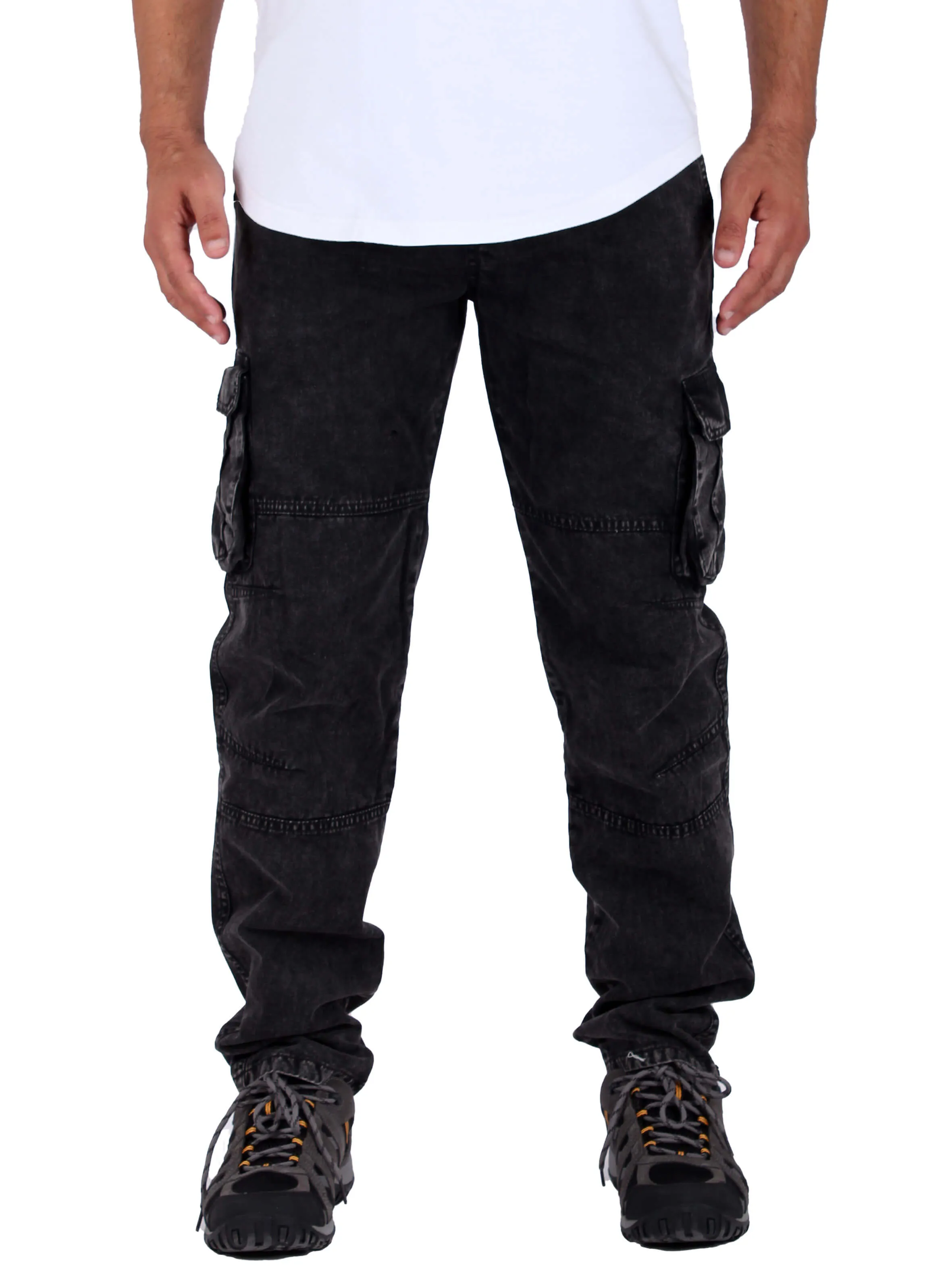 Washed Cargo Pants With Elastic Waist Unisex  - Black