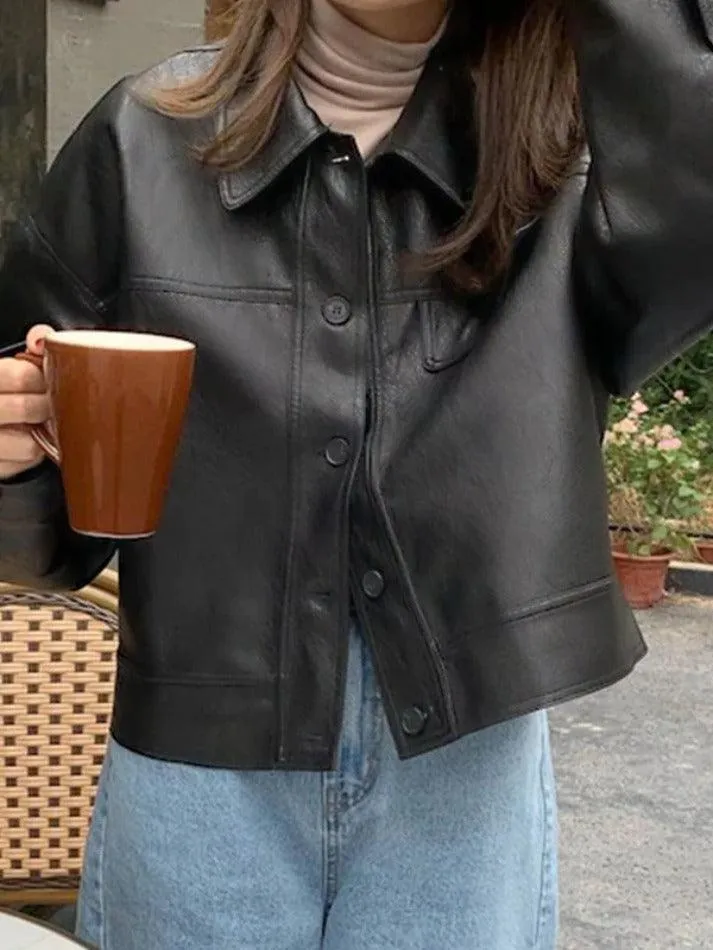 Wenkouban-Spring Casual Outfits Y2K Outfits Vintage Lapel Neck Pocket Loose Short Leather Jacket