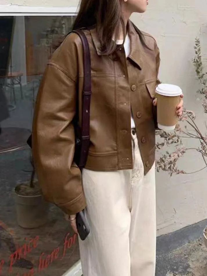 Wenkouban-Spring Casual Outfits Y2K Outfits Vintage Lapel Neck Pocket Loose Short Leather Jacket