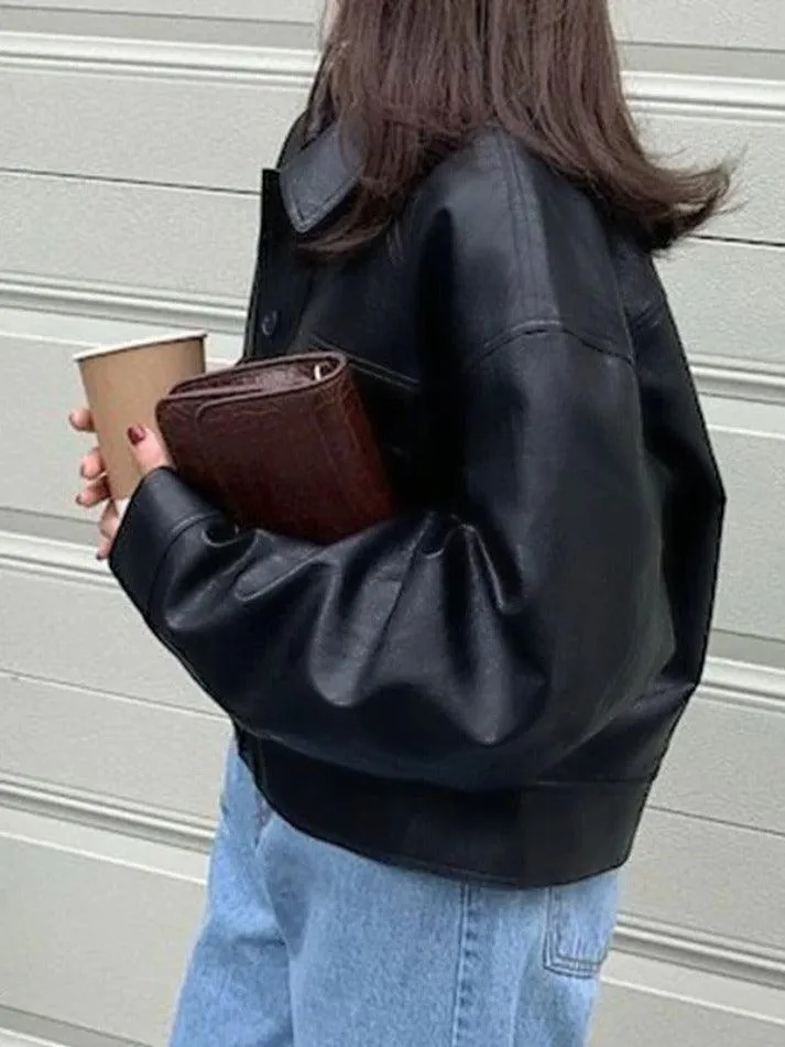Wenkouban-Spring Casual Outfits Y2K Outfits Vintage Lapel Neck Pocket Loose Short Leather Jacket