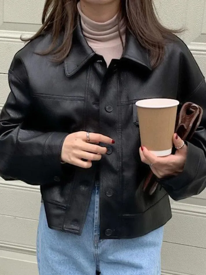 Wenkouban-Spring Casual Outfits Y2K Outfits Vintage Lapel Neck Pocket Loose Short Leather Jacket