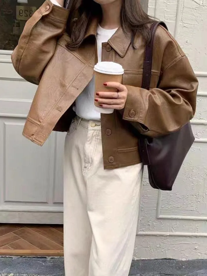 Wenkouban-Spring Casual Outfits Y2K Outfits Vintage Lapel Neck Pocket Loose Short Leather Jacket