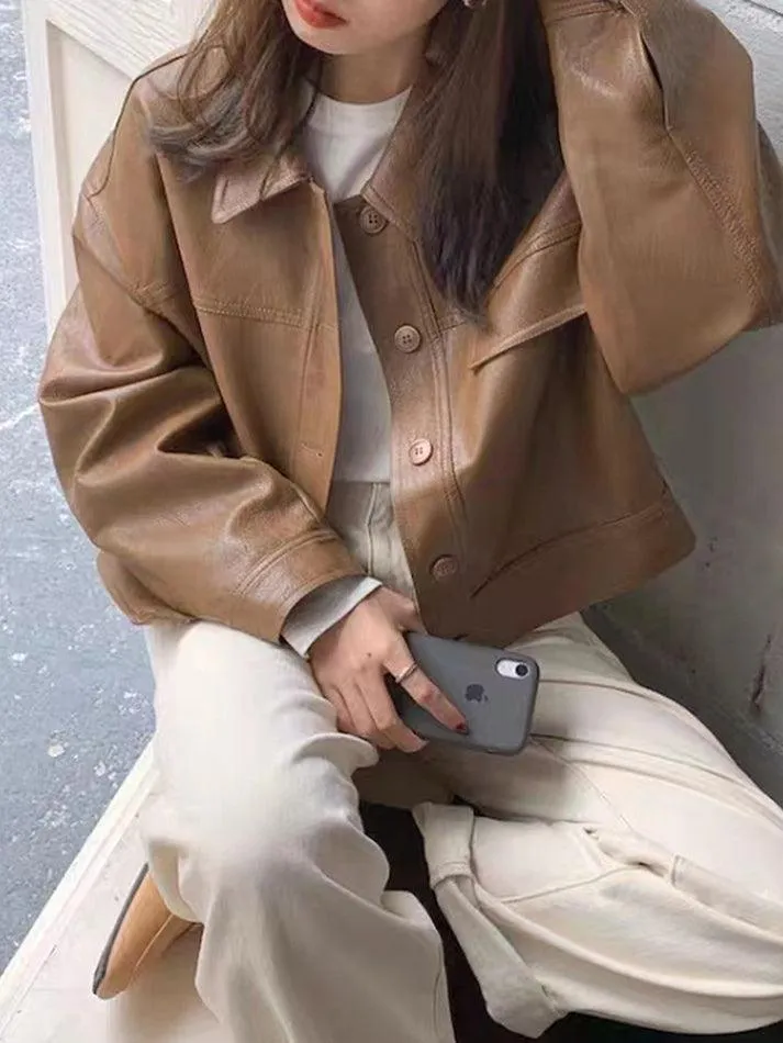Wenkouban-Spring Casual Outfits Y2K Outfits Vintage Lapel Neck Pocket Loose Short Leather Jacket