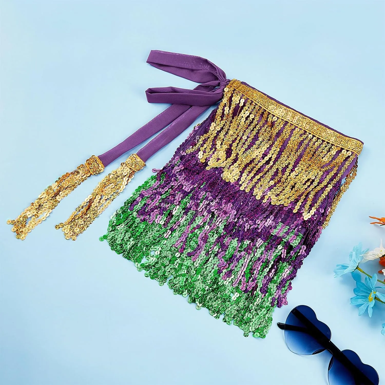 Womens Belly Dance Hip Scarf with Sparkly Fringe Rave Party Sequin Skirt Costume Festival Tassel Skirt