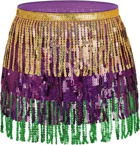Womens Belly Dance Hip Scarf with Sparkly Fringe Rave Party Sequin Skirt Costume Festival Tassel Skirt