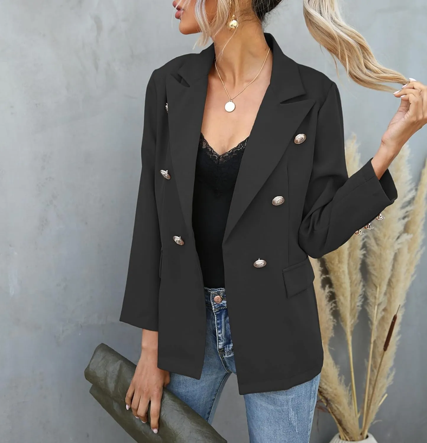 Womens Casual Blazer Lightweight Gold Button Long Sleeve Lapel Jacket Work 0ffice Suit Cardigan