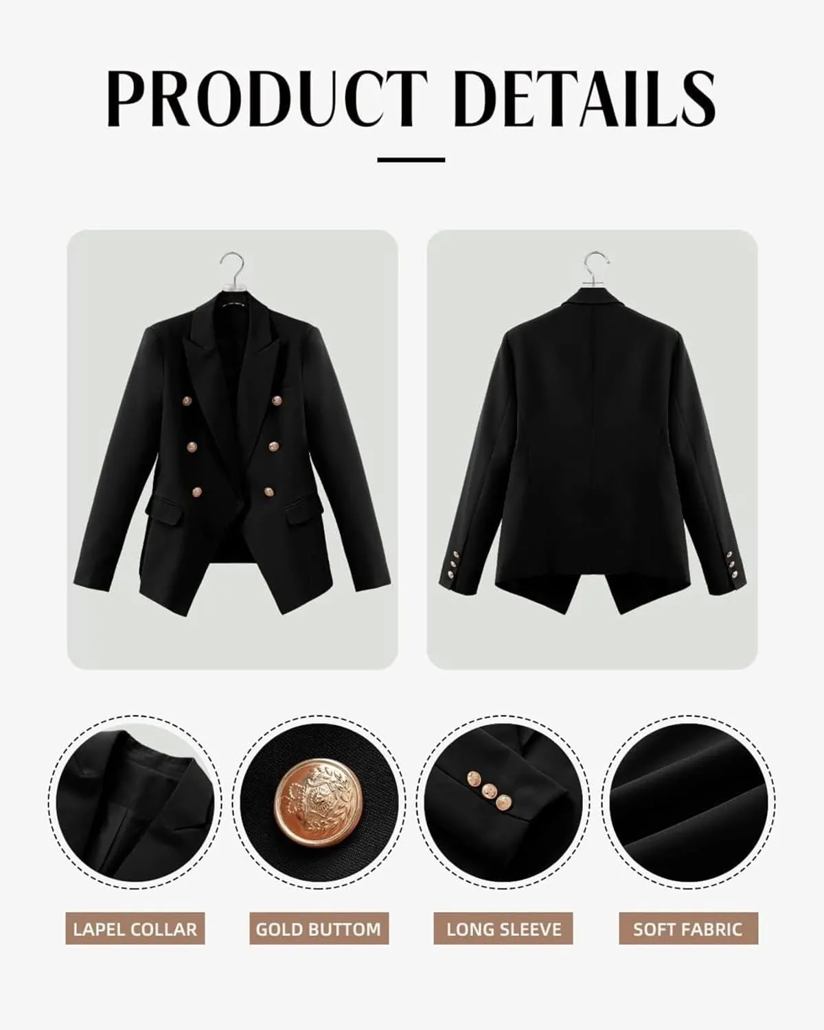 Womens Casual Blazer Lightweight Gold Button Long Sleeve Lapel Jacket Work 0ffice Suit Cardigan