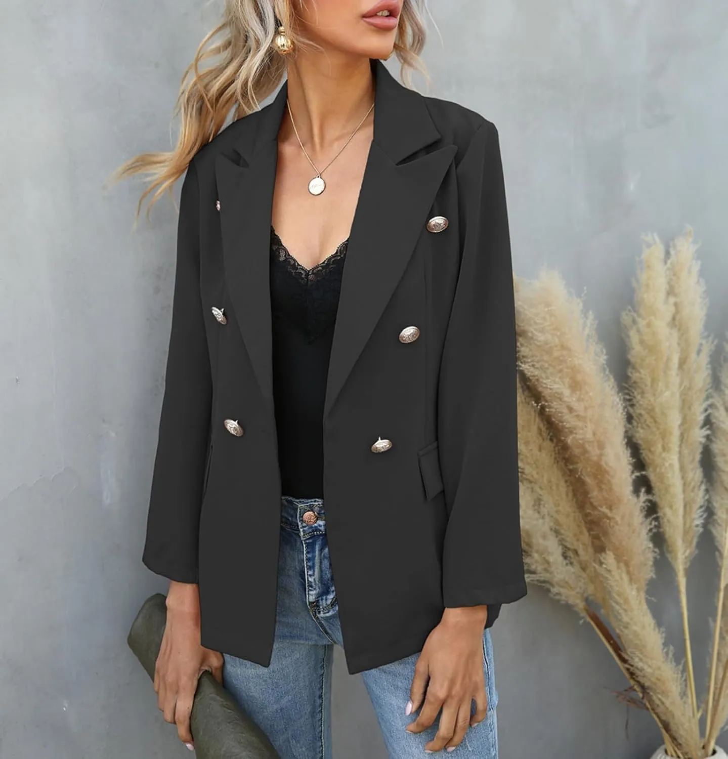 Womens Casual Blazer Lightweight Gold Button Long Sleeve Lapel Jacket Work 0ffice Suit Cardigan