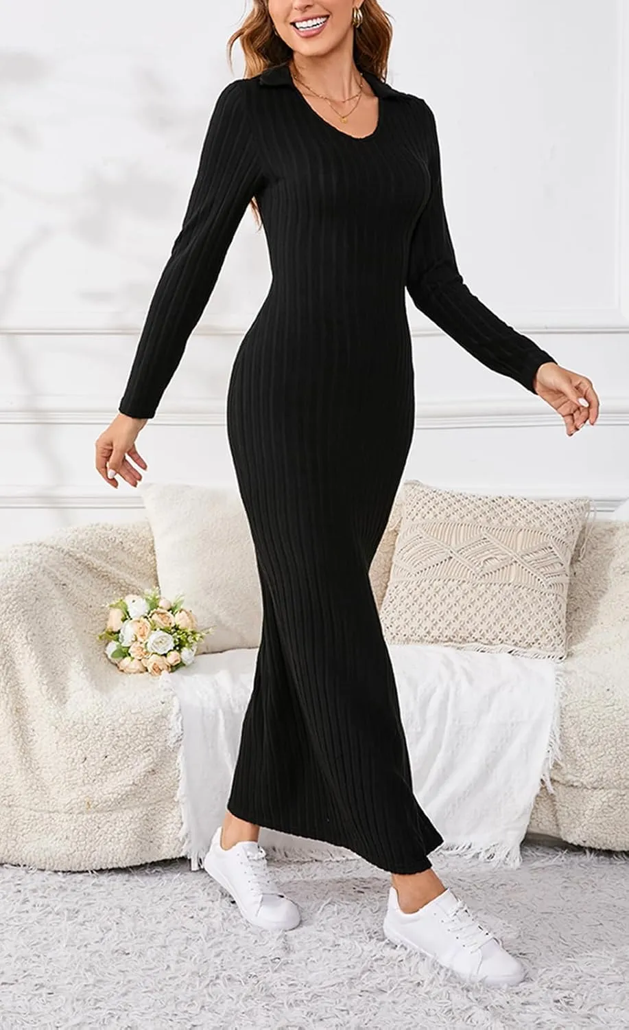 Women's Casual Long Sleeve Collar V Neck Maxi Sweater Dress Sexy Slit Thigh Ribbed Knit Bodycon Pencil Dresses