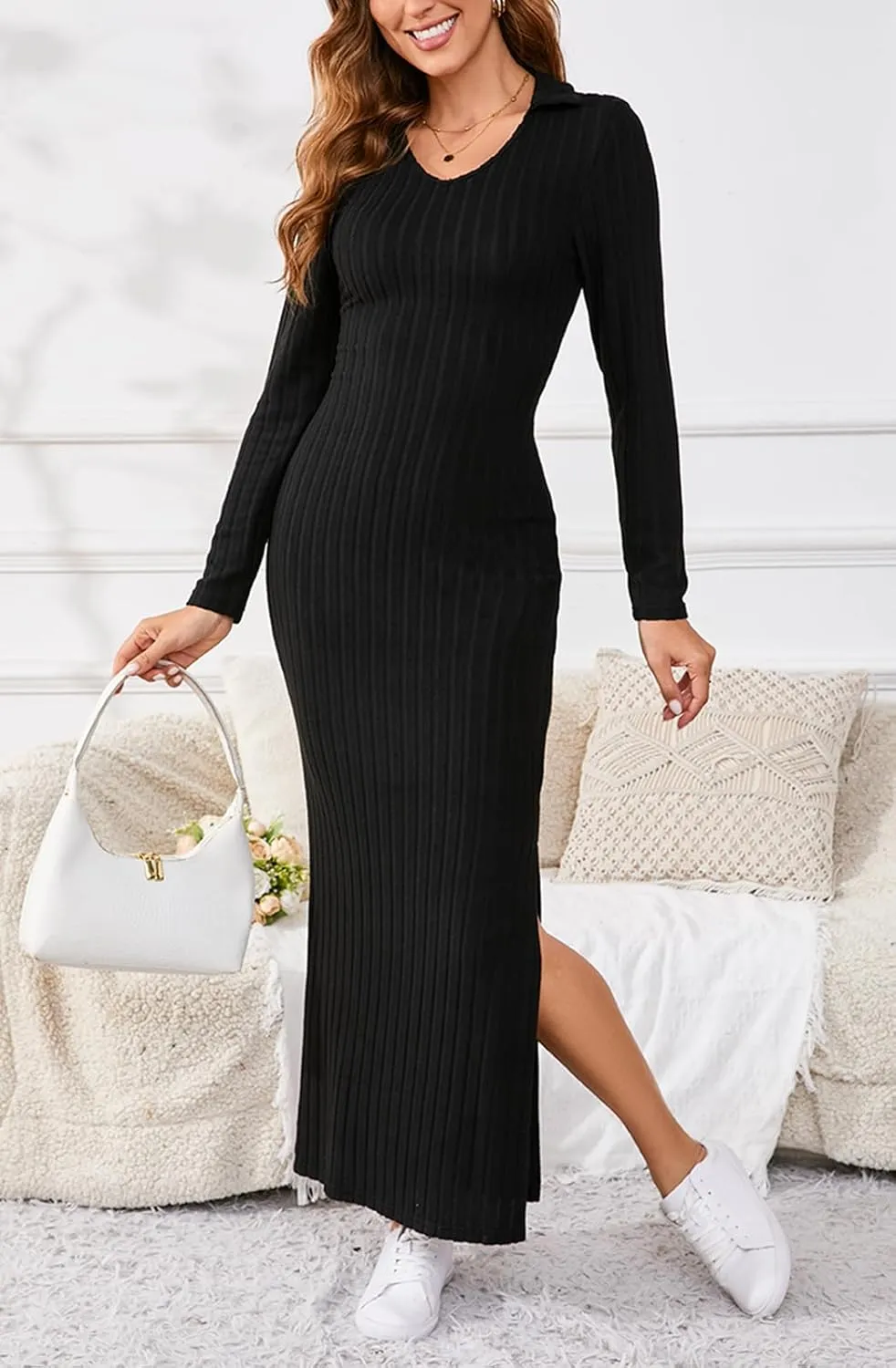 Women's Casual Long Sleeve Collar V Neck Maxi Sweater Dress Sexy Slit Thigh Ribbed Knit Bodycon Pencil Dresses