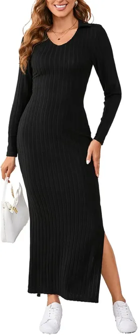 Women's Casual Long Sleeve Collar V Neck Maxi Sweater Dress Sexy Slit Thigh Ribbed Knit Bodycon Pencil Dresses