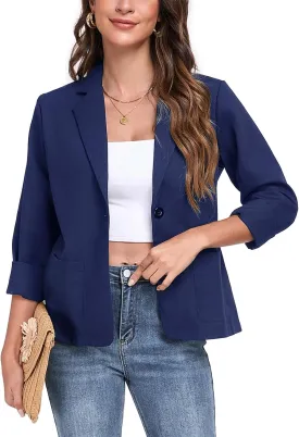 Womens Linen Blazer Long Sleeve Lightweight Work Office Jackets Casual Summer Lapel Button Blazers with Pockets