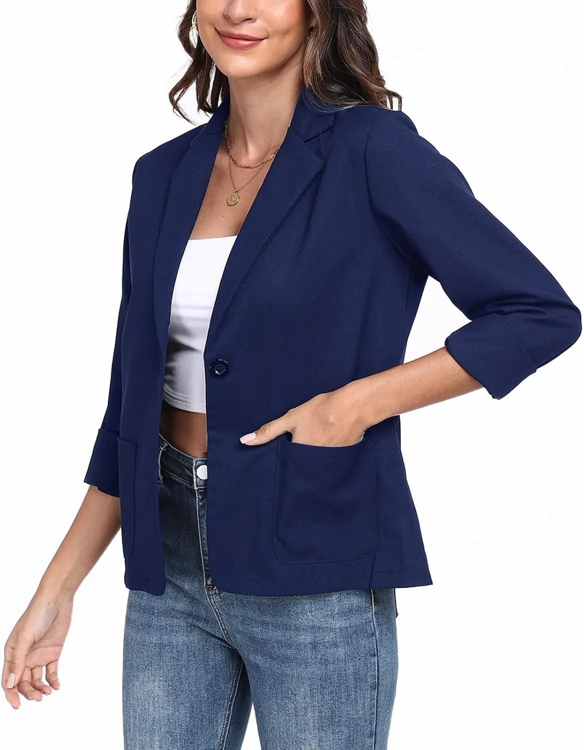 Womens Linen Blazer Long Sleeve Lightweight Work Office Jackets Casual Summer Lapel Button Blazers with Pockets