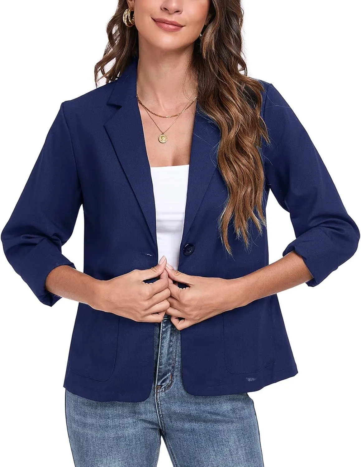 Womens Linen Blazer Long Sleeve Lightweight Work Office Jackets Casual Summer Lapel Button Blazers with Pockets