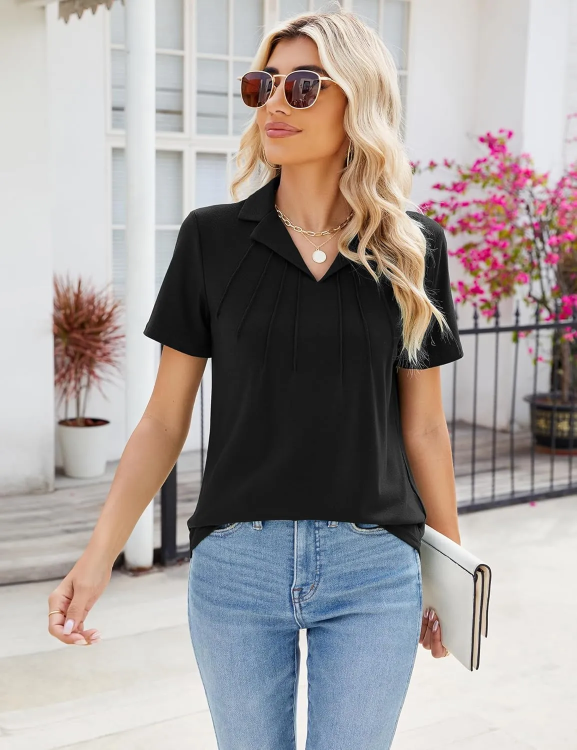 Women's Polo Shirts Short Sleeve V Neck Summer Business Casual Pleated Blouses Collared Tops