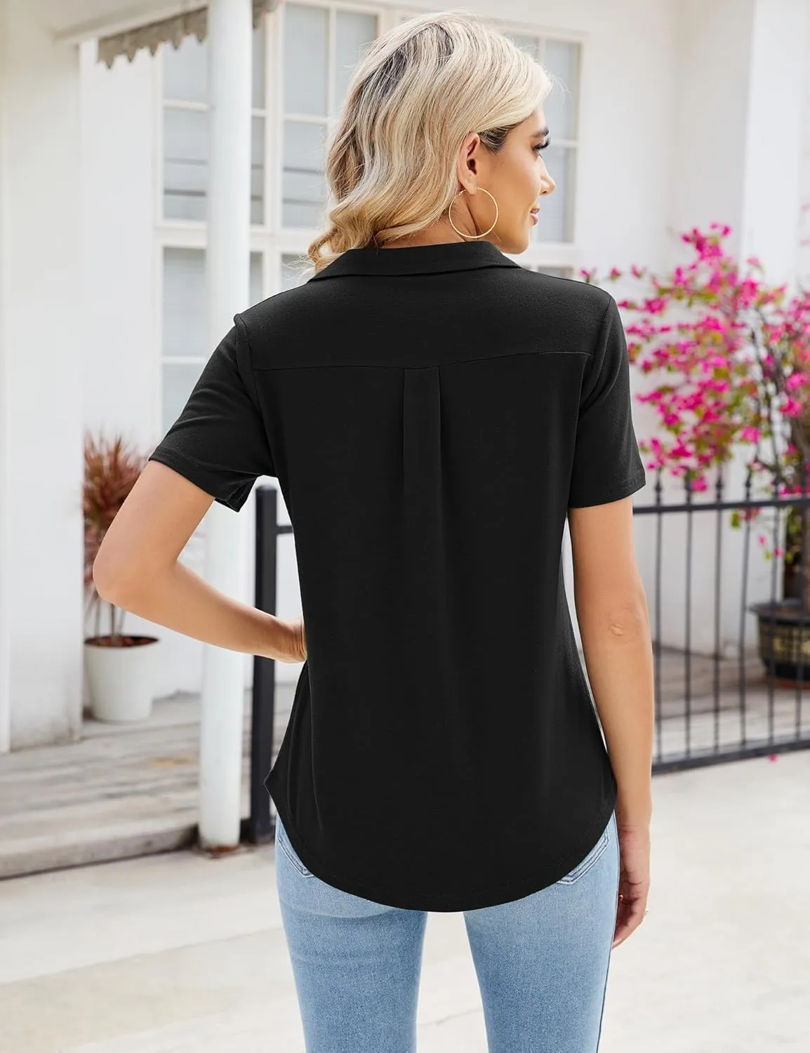 Women's Polo Shirts Short Sleeve V Neck Summer Business Casual Pleated Blouses Collared Tops