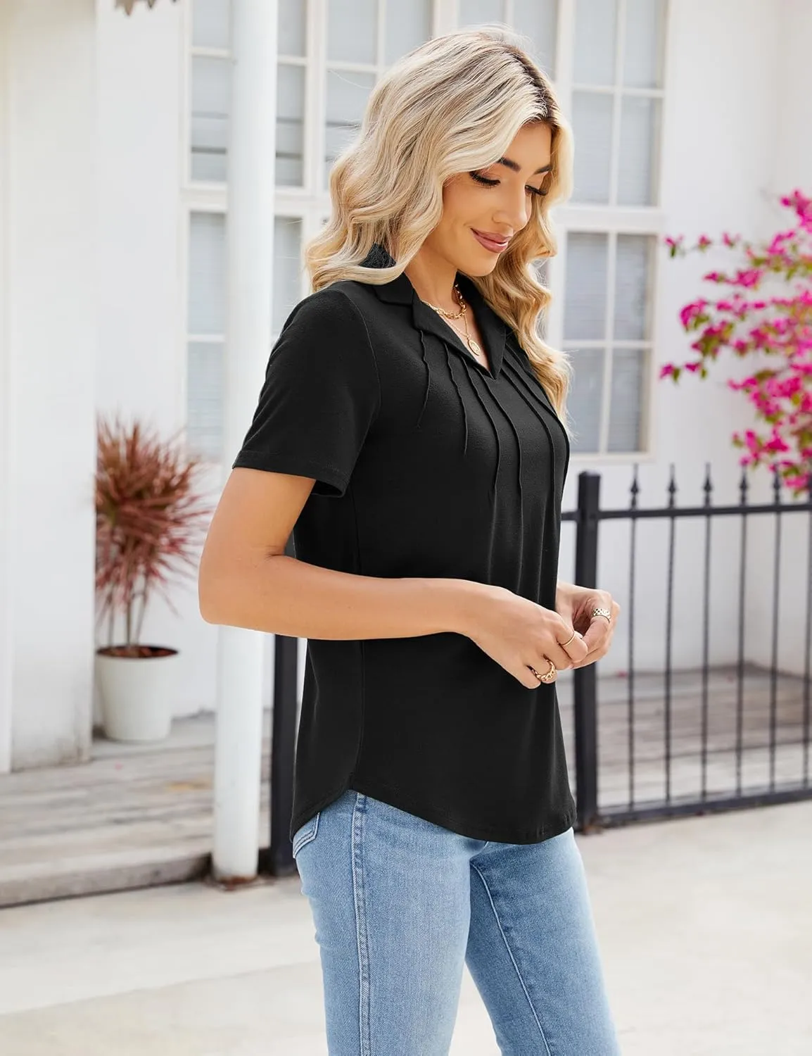 Women's Polo Shirts Short Sleeve V Neck Summer Business Casual Pleated Blouses Collared Tops