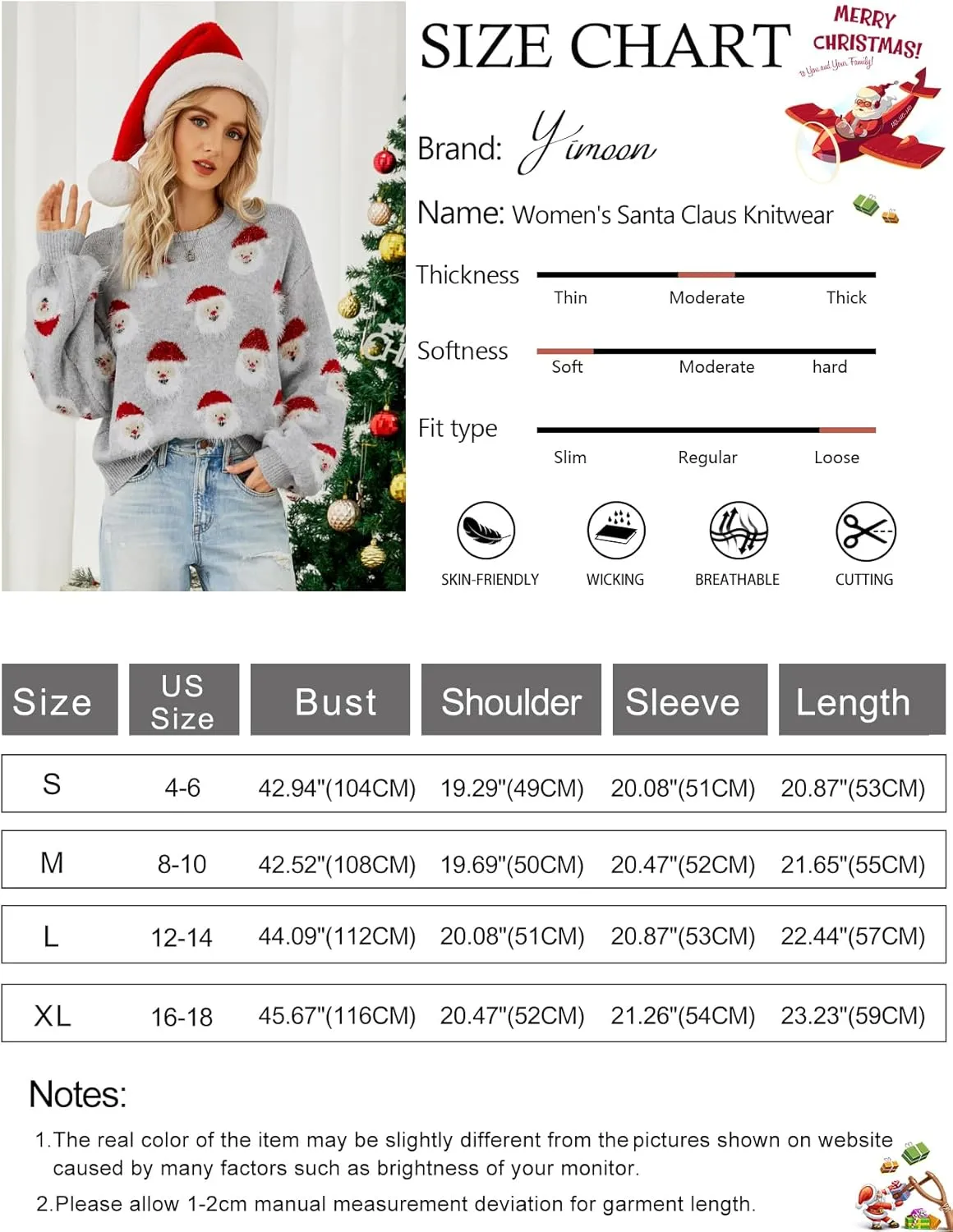 Yimoon Ugly Christmas Sweater for Women Xmas Holiday Party Funny Santa Sweater Cute Cropped Knitted Pullover Tops