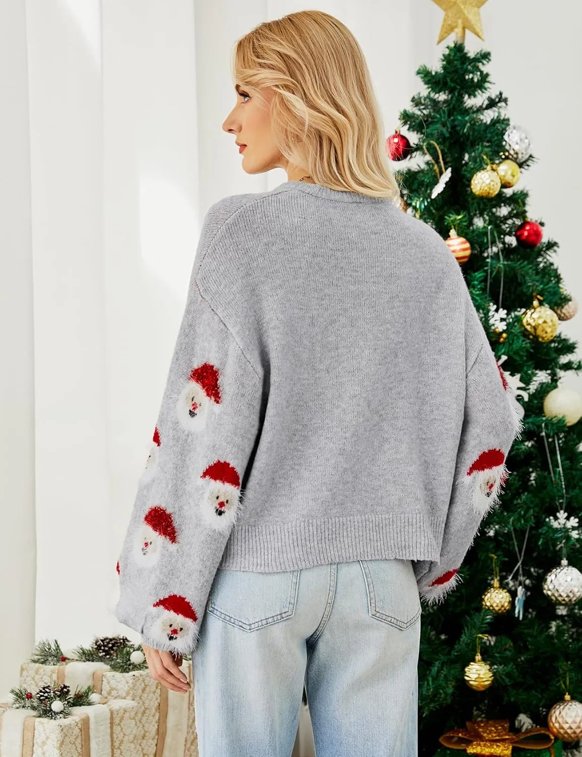 Yimoon Ugly Christmas Sweater for Women Xmas Holiday Party Funny Santa Sweater Cute Cropped Knitted Pullover Tops